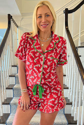 Rotes Pyjama-Set mit weihnachtlichem Zuckerstangen-Print und Taschen